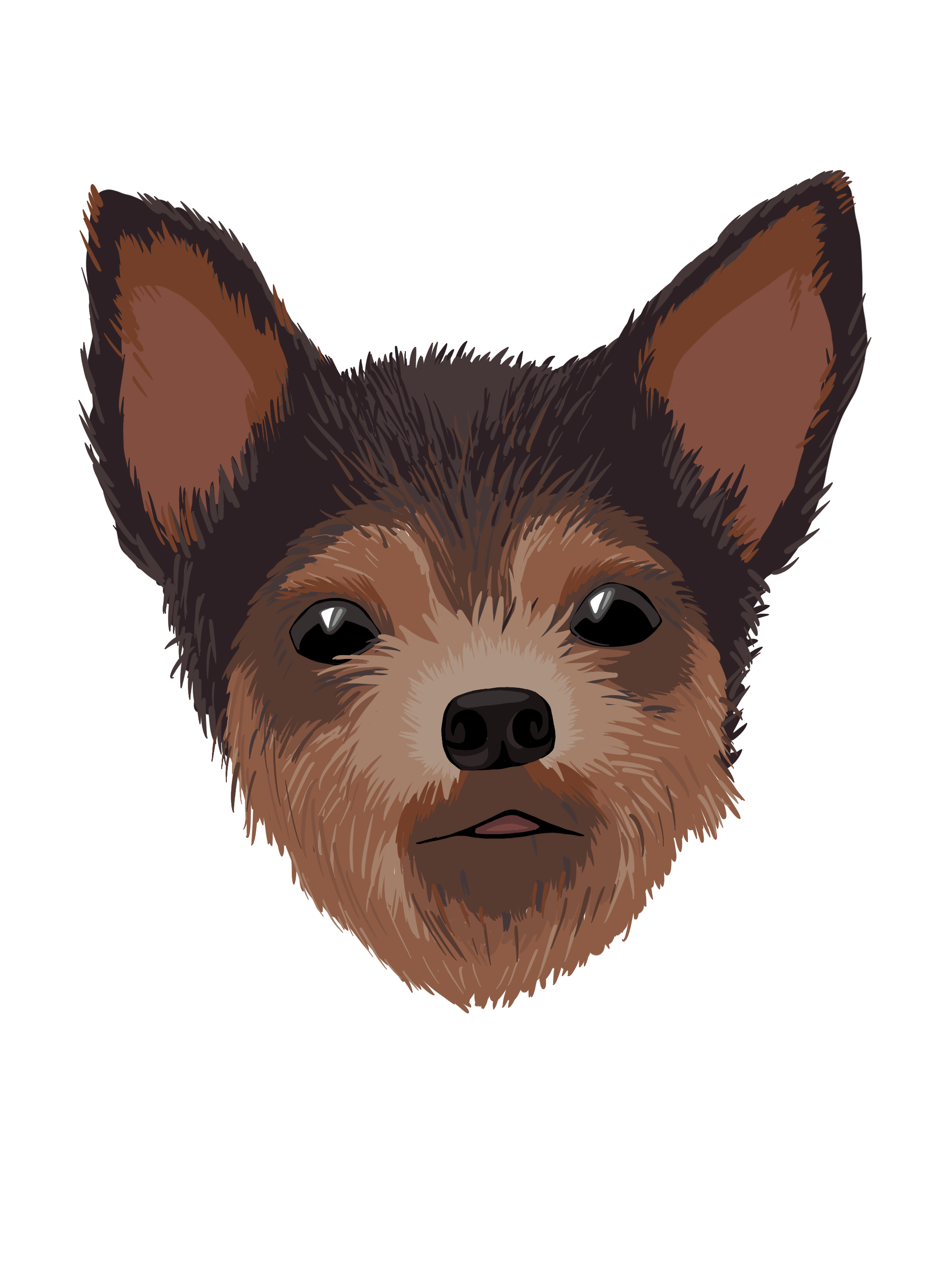 Cartoon style head of a doggie with a small face, black button nose, slight tongue mlem, and perky big ears in various shades of brown. Very cute dog. 